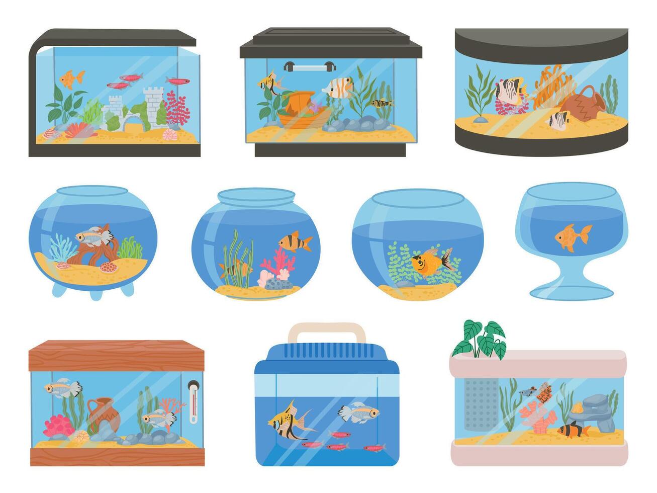 Karikatur Zuhause Aquarien mit Fische, Korallen, Pflanzen und Dekor. Aquarium Panzer mit unter Wasser Haustiere und Algen. Glas Fisch Schalen Vektor einstellen