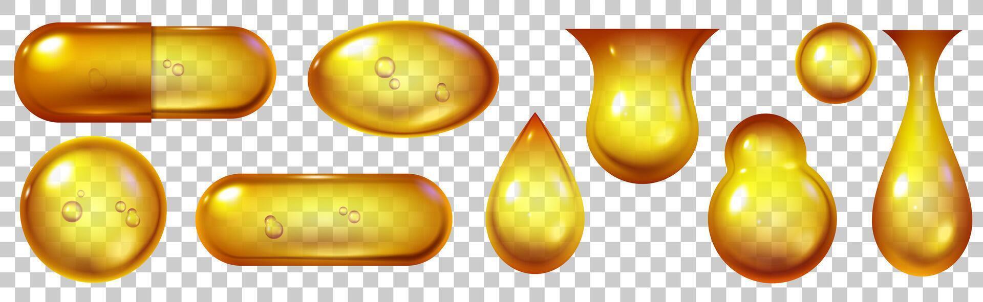 Öl Kapsel. realistisch Vitamin golden Gel Tabletten mit Omega 3 Fisch oder Argan Öle. Luftblasen und Tropfen mit Kollagen. Gesundheit Kapseln Vektor einstellen