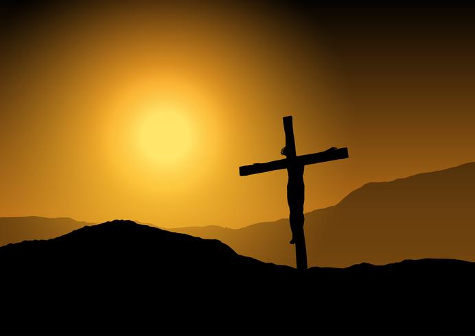 Jesus am Kreuz bei Sonnenuntergang vektor