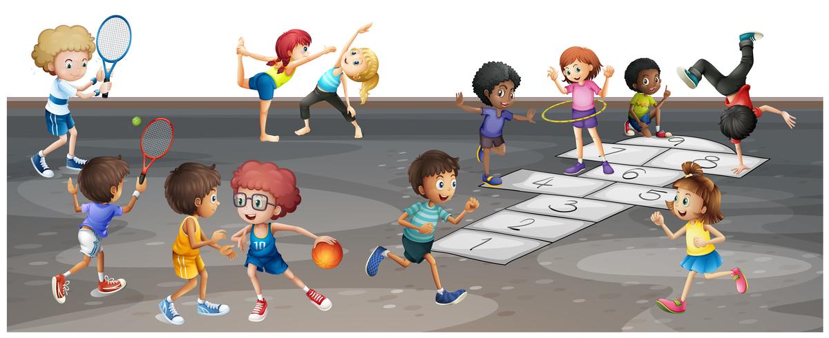 Viele Kinder spielen verschiedene Sportarten vektor
