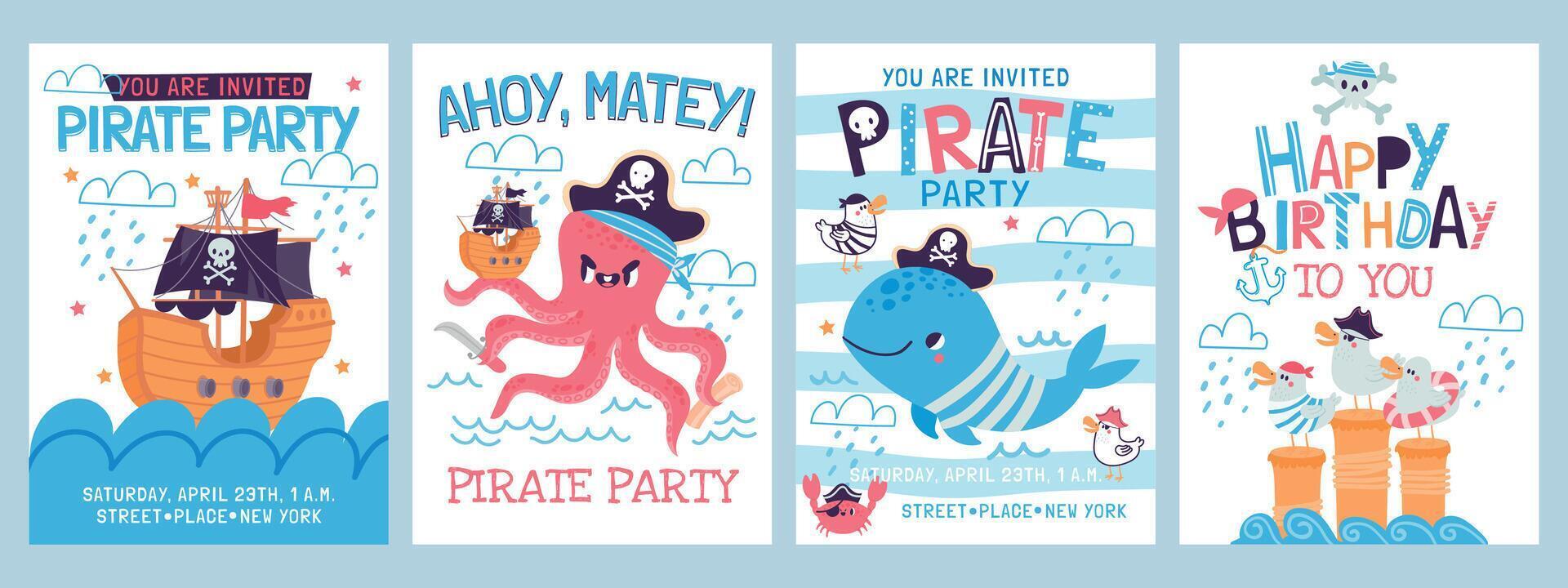 Karikatur Pirat Geburtstag Party Einladung Karten zum Kinder. glücklich Meer Abenteuer Plakate mit Pirat Schiff, Krake, Möwe und Wal Vektor einstellen