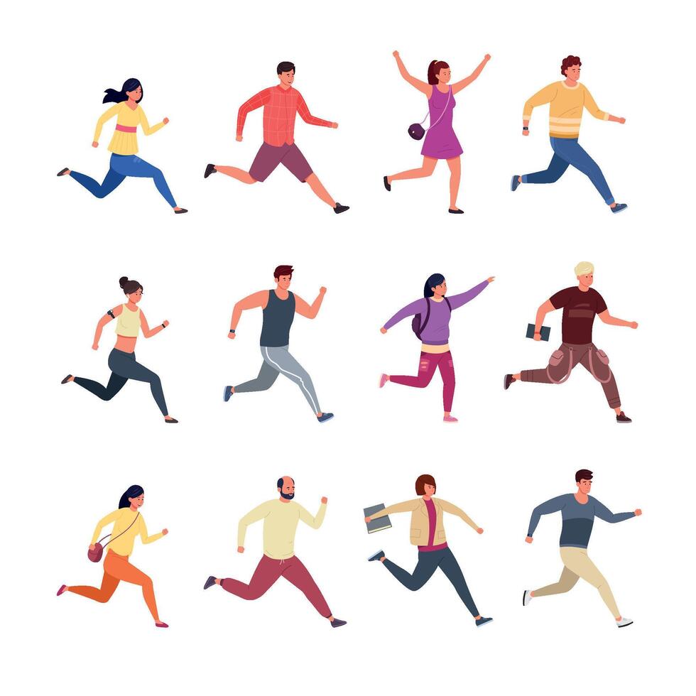 Laufen Figuren. Karikatur Menschen tragen beiläufig und Sport Kleider Laufen und Joggen, Eile Männer und Frauen. Vektor einstellen
