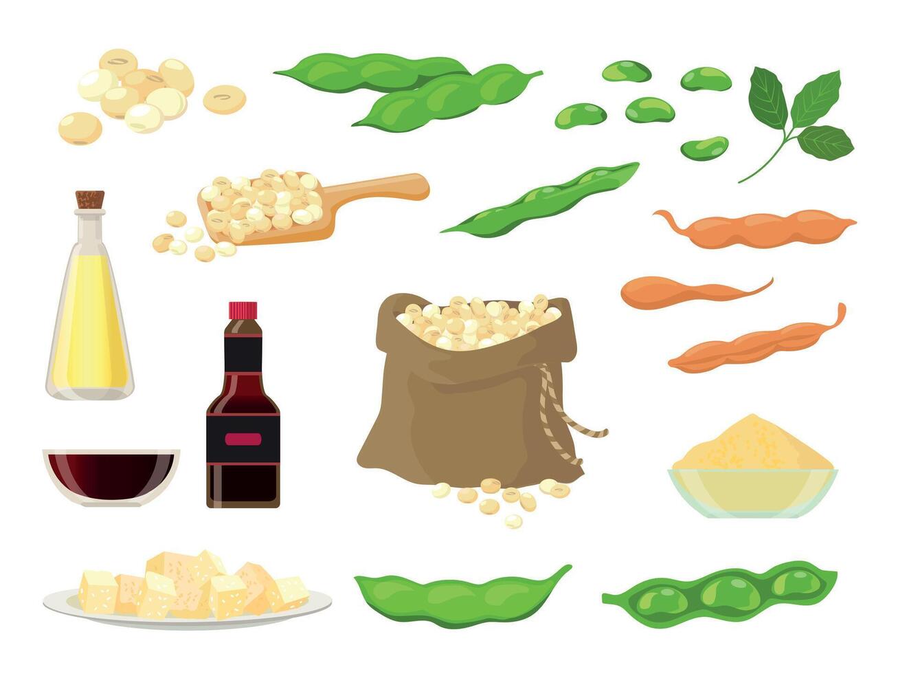 Karikatur Soja Produkt, Öl, Milch, miso, Tofu und Soße. trocken Soja Bohnen im Tasche, Löffel, Schoten und Blatt. gesund Vegetarier Hülsenfrucht Essen Vektor einstellen