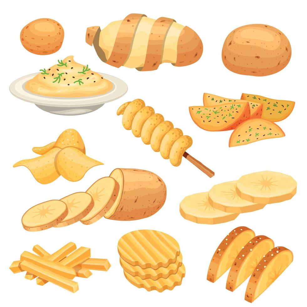 potatis maträtt, måltid, garnering, gata mat och mellanmål. franska pommes frites, rustik och mosa potatisar, pommes frites. tecknad serie skivad potatis produkt vektor uppsättning