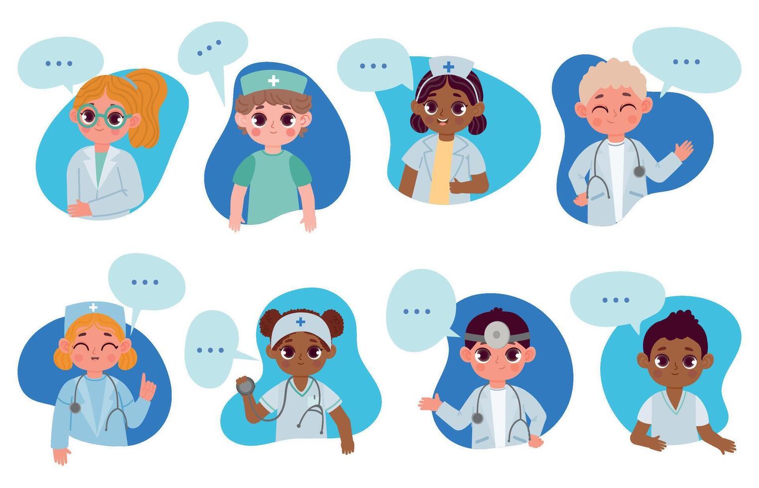barn doktorer tecken med Tal bubbla, medicinsk hälsa info. tecknad serie barn sjuksköterska, tandläkare, läkare prata handla om sjukvård vektor uppsättning