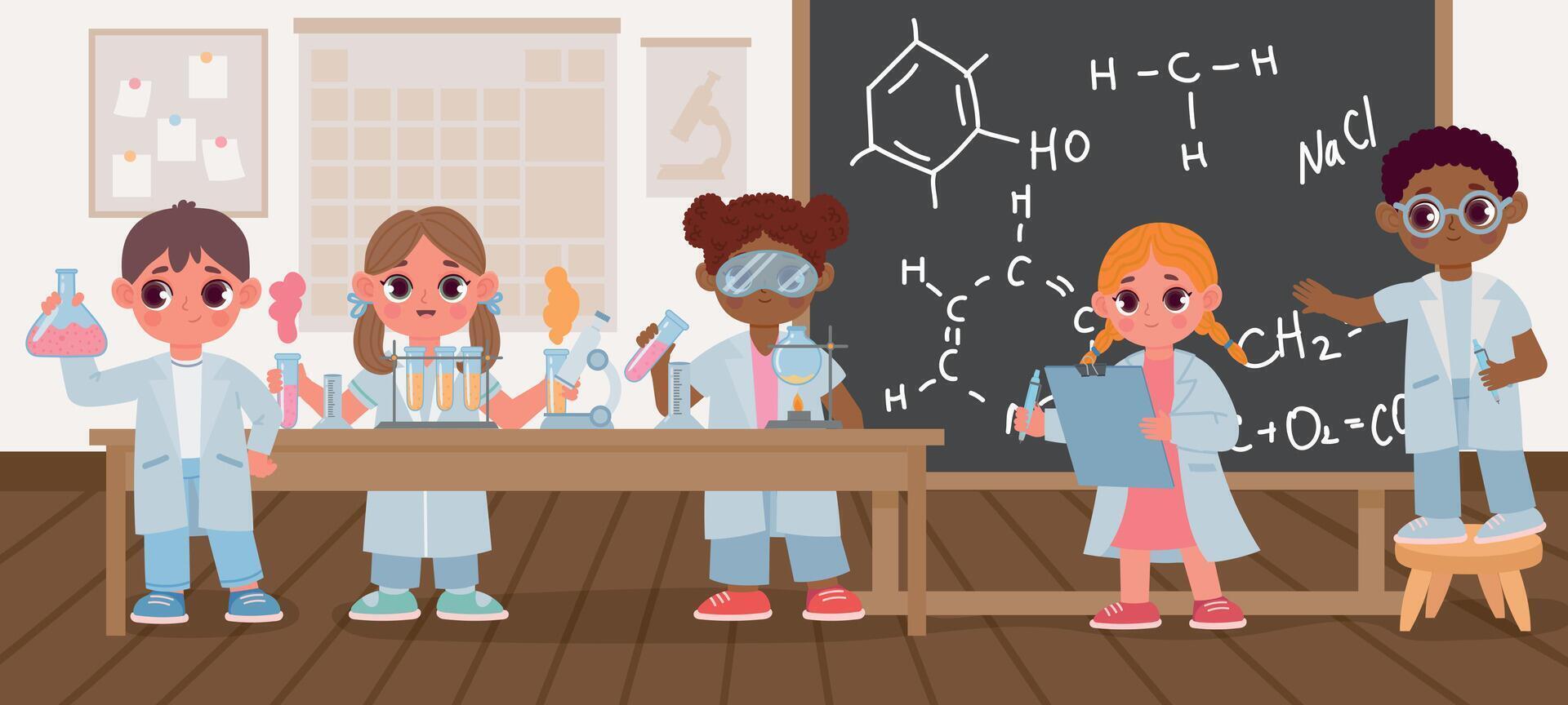 Schule Kinder im Wissenschaft Labor Klassenzimmer tun chemisch prüfen. Studenten Studie Chemie mit Becher, Mikroskop und Tafel Vektor Szene