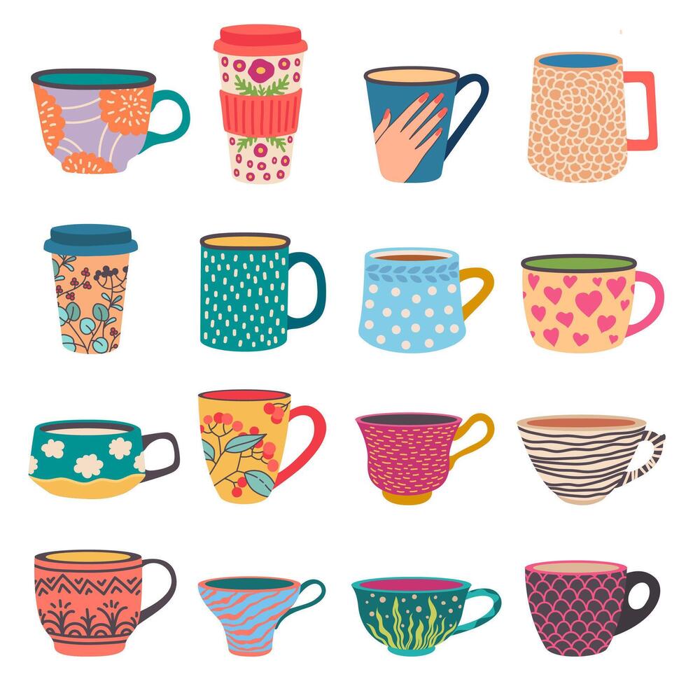 trendig koppar. kaffe och te muggar i scandinavian stil. sida se papper go-cup med modern blomma mönster. färgrik porslin vektor uppsättning