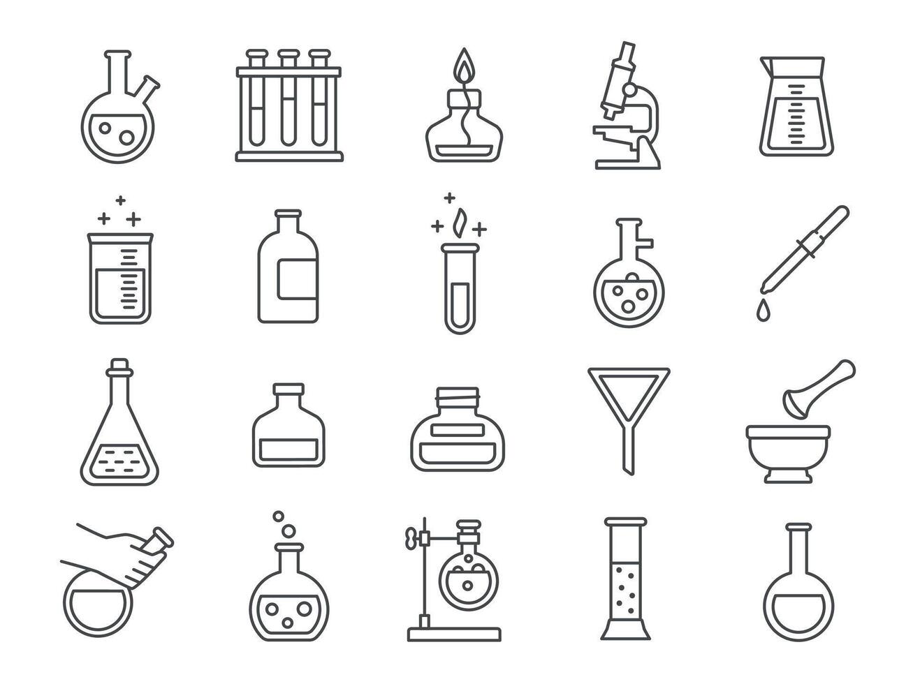 Chemie oder Wissenschaft Forschung Labor Ausrüstung Linie Symbole. Apotheke Labor Glaswaren, Becher, Prüfung Röhren und Flaschen Piktogramme Vektor einstellen