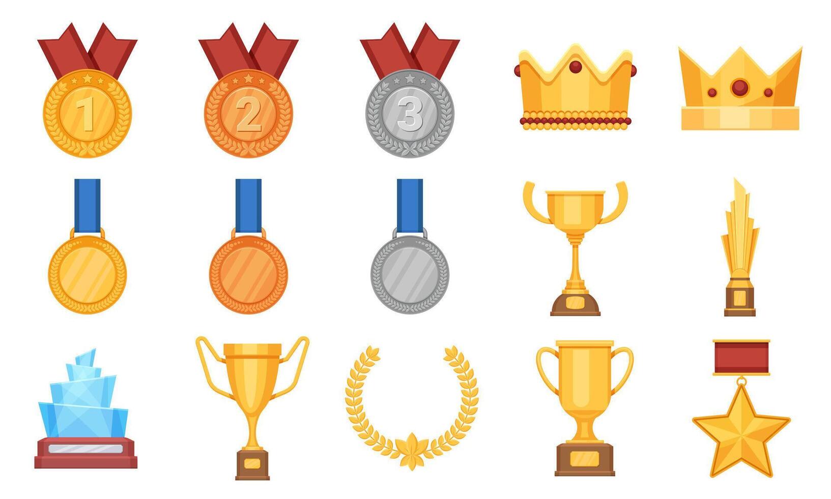 troféer och medaljer. tilldela pris- platt ikon, olympic guld, silver- och brons medalj med band. vinnare kopp, glas pris och krona vektor uppsättning