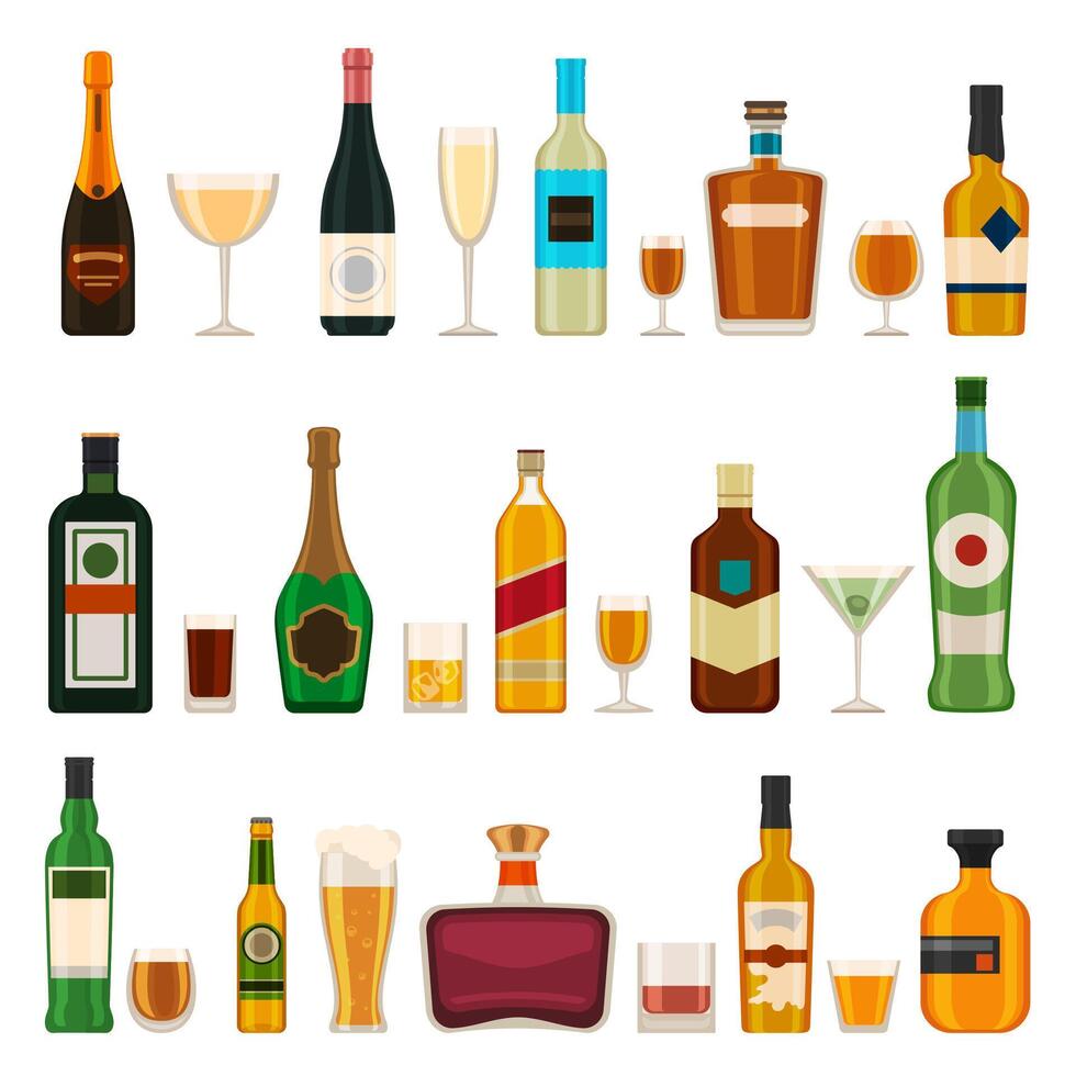 alkoholisch Flaschen und Brille. Alkohol Cocktail Getränke, Sekt, Bier, Brandy und Martini, Gin und Cognac. Bar Speisekarte eben Vektor Symbole einstellen