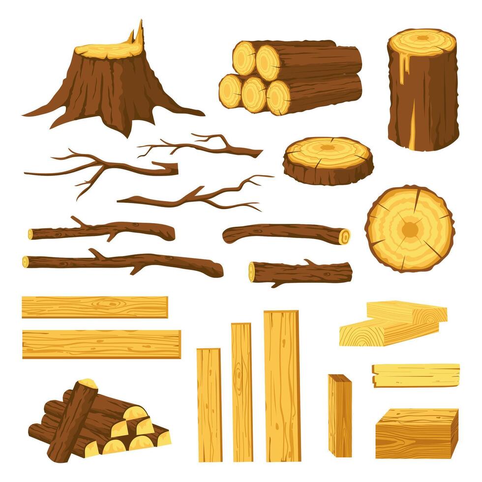 Holz Stämme und Bretter. roh Materialien zum Holz Industrie, Protokolle, Stümpfe, Baum Stummel mit Rinde und hölzern Riegel. Karikatur Brennholz Vektor einstellen