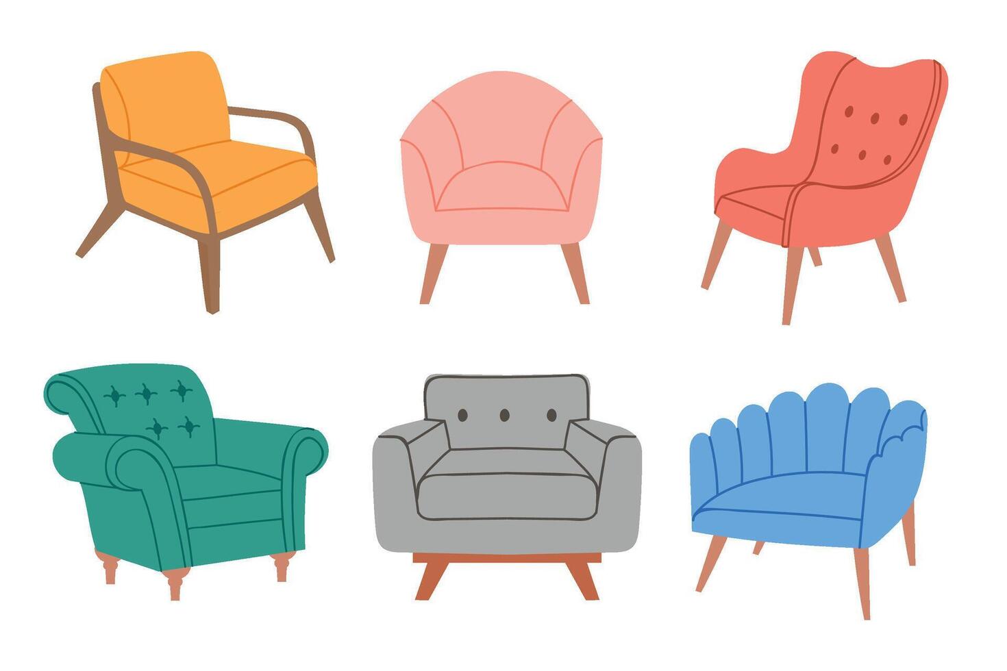 tecknad serie stolar. färgrik bekväm fåtöljer, eleganta modern möbel för Hem interiör och vardagsrum hallar vektor