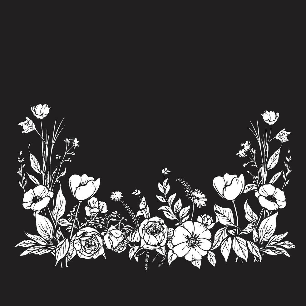 Tinte eingetaucht Garten Grenze botanisch Vektor Emblem Mitternacht eingefärbt Blütenblatt Rahmen schwarz Blumen- Rand