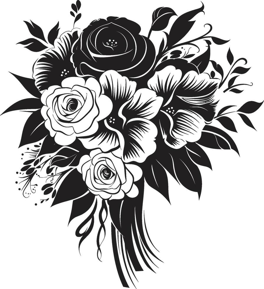 bröllop blomma charm brud- bukett ikon chic kronblad harmoni svart brud- emblem design vektor