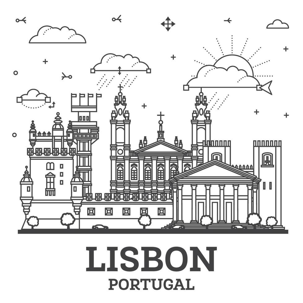 översikt lissabon portugal stad horisont med modern och historisk byggnader isolerat på vit. lissabon stadsbild med landmärken. vektor