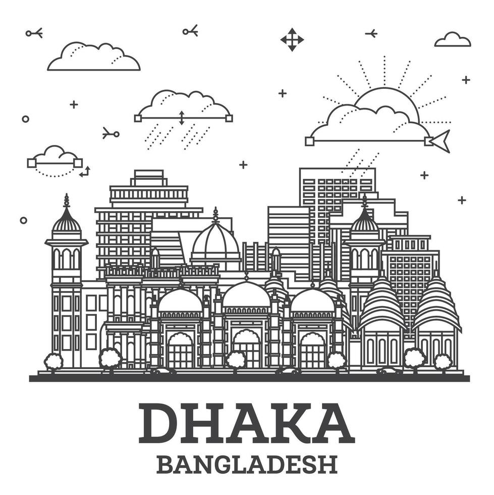 Gliederung Dhaka Bangladesch Stadt Horizont mit modern und historisch Gebäude isoliert auf Weiß. Dhaka Stadtbild mit Sehenswürdigkeiten. vektor