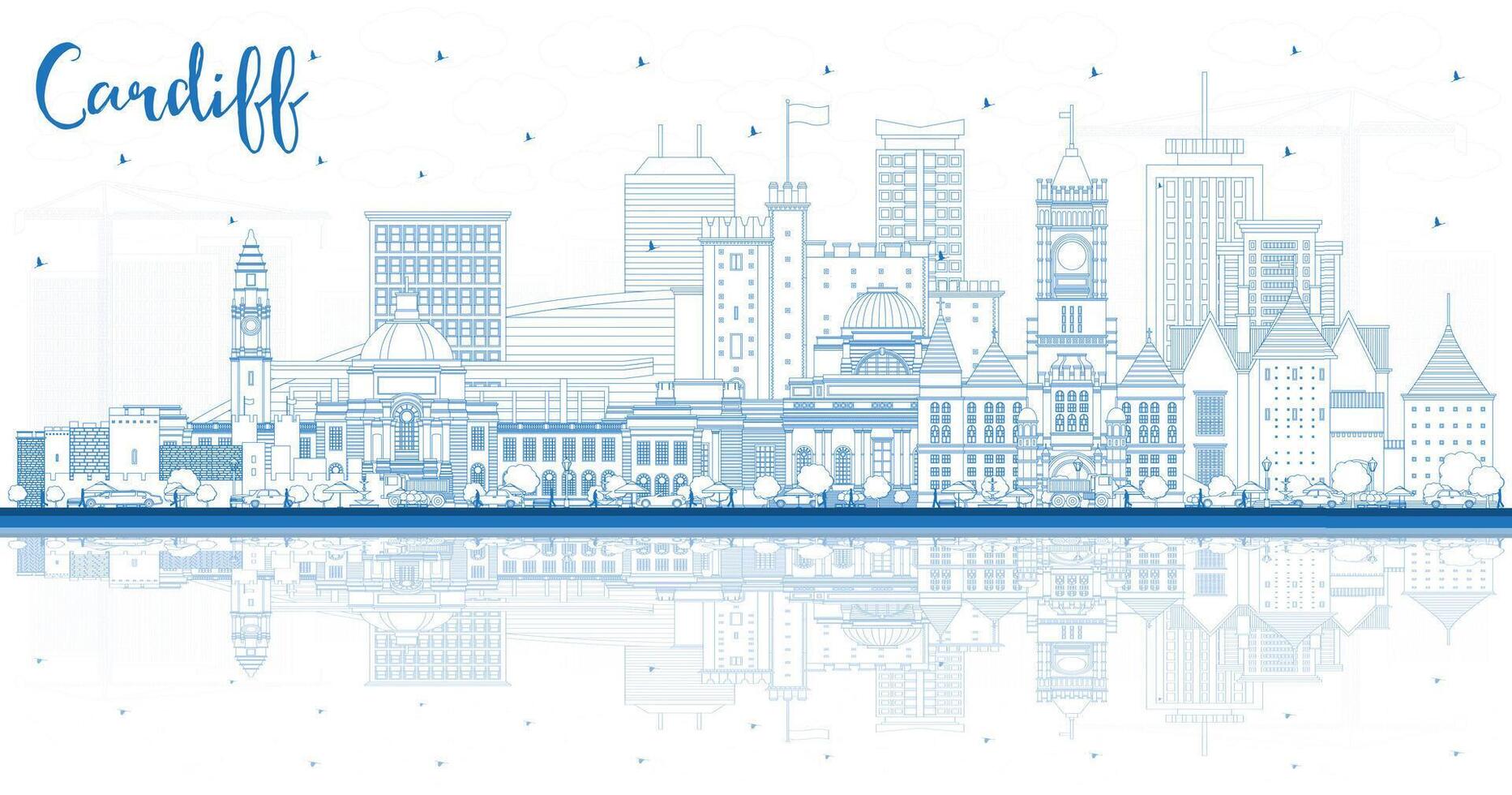 Gliederung Cardiff Wales Stadt Horizont mit Blau Gebäude und Reflexionen. Cardiff Vereinigtes Königreich Stadtbild mit Sehenswürdigkeiten. Geschäft Reise und Tourismus Konzept mit historisch die Architektur. vektor