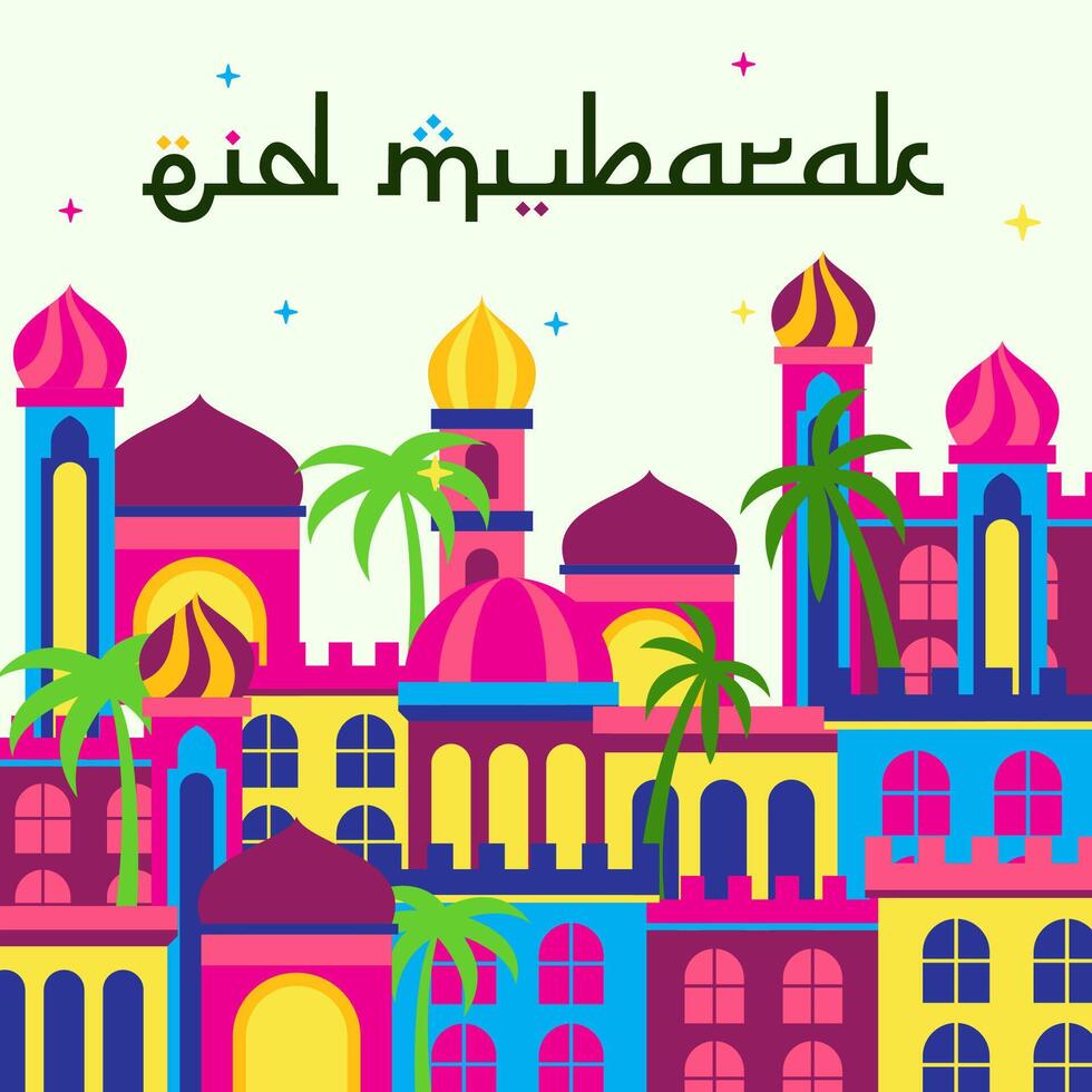 eid Mubarak Hintergrund mit arabisch Stadt. Vektor Illustration