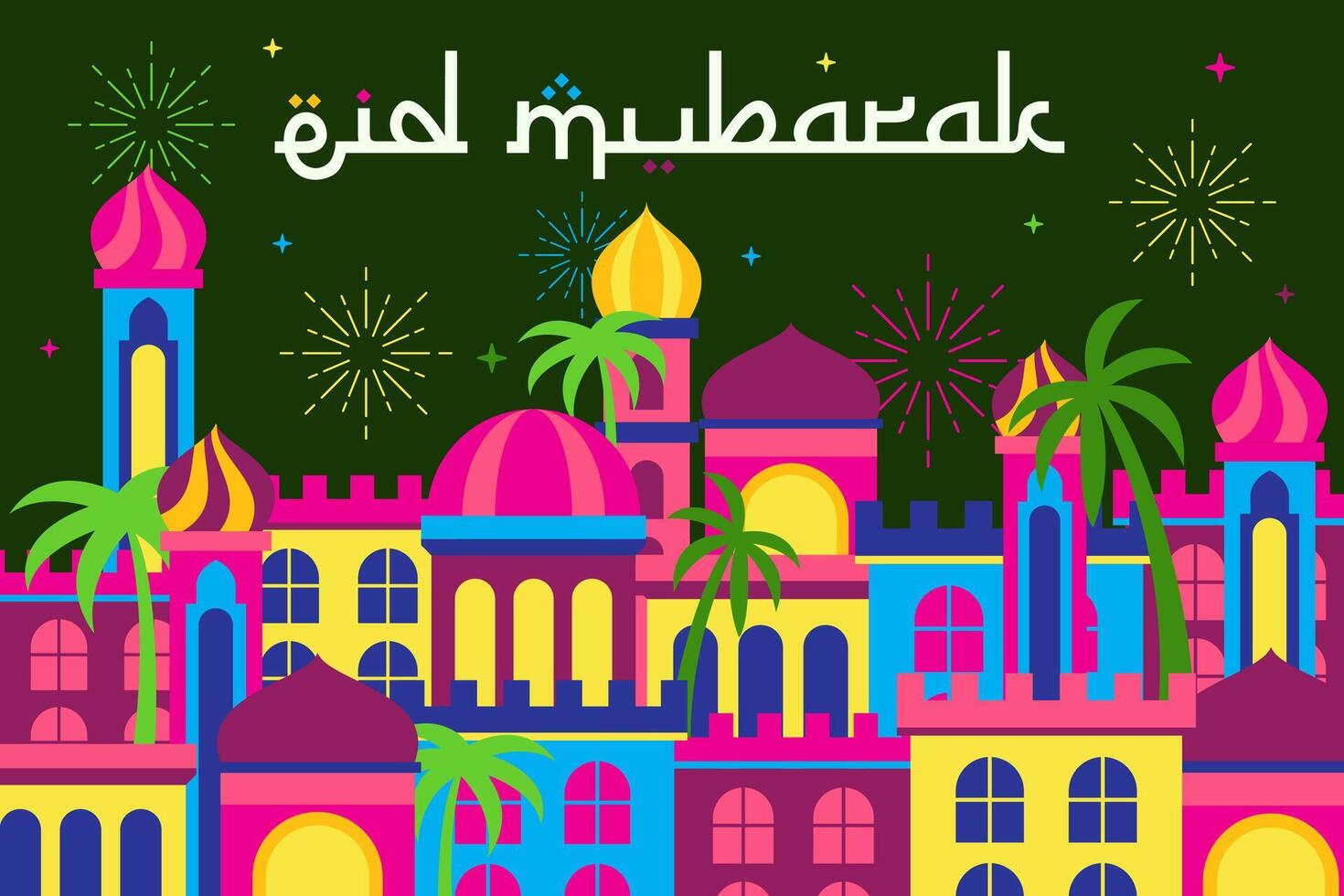 eid mubarak bakgrund med arab natt stad. vektor illustration