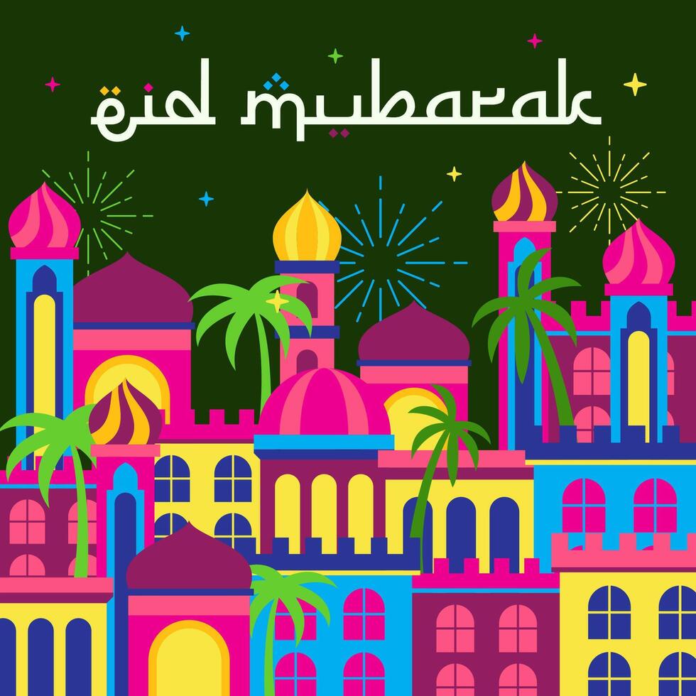 eid Mubarak Hintergrund mit arabisch Nacht Stadt Vektor Illustration