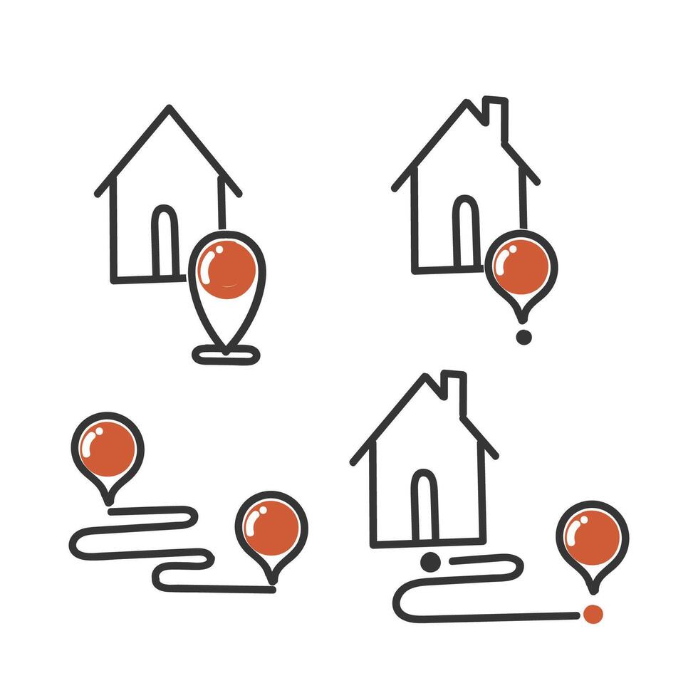 Hand gezeichnet Gekritzel Haus und Karte Stift Ort Geographisches Positionierungs System Symbol zum Haus Ort Symbol vektor