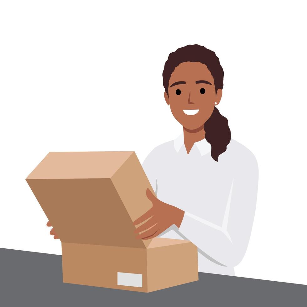 Frau Öffnung Karton Paket Box beim heim. glücklich Kunde Empfang, Auspacken und Überprüfung Befehl. vektor