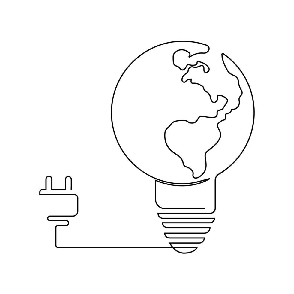 kontinuierlich einer Linie Erde Globus Innerhalb von die Glühbirne und Erde Stunde Gliederung Vektor Kunst Illustration