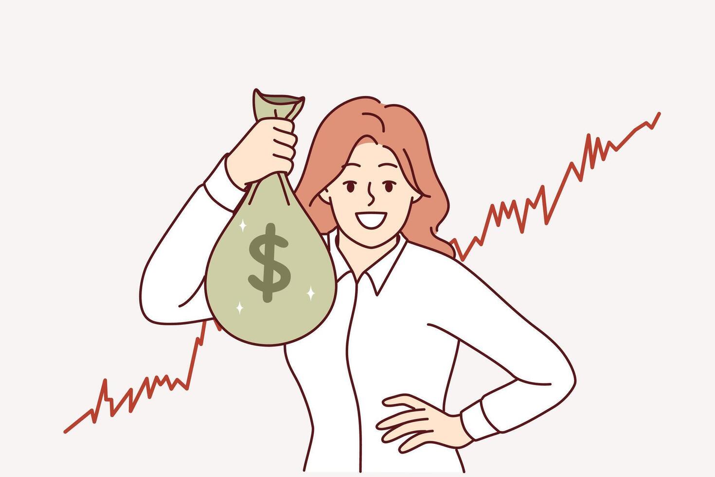framgångsrik kvinna näringsidkare med väska av pengar tjänade från forex investeringar står nära finansiell Diagram vektor