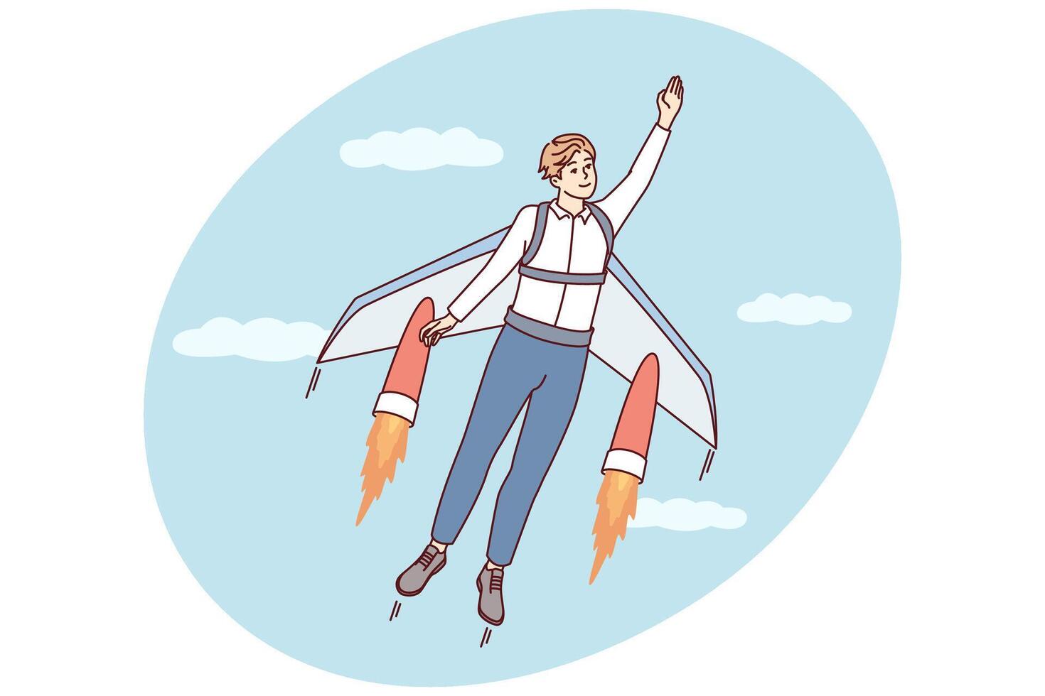 man flugor upp med hjälp av jet vingar för begrepp av karriär tillväxt eller företag Framgång. vektor bild