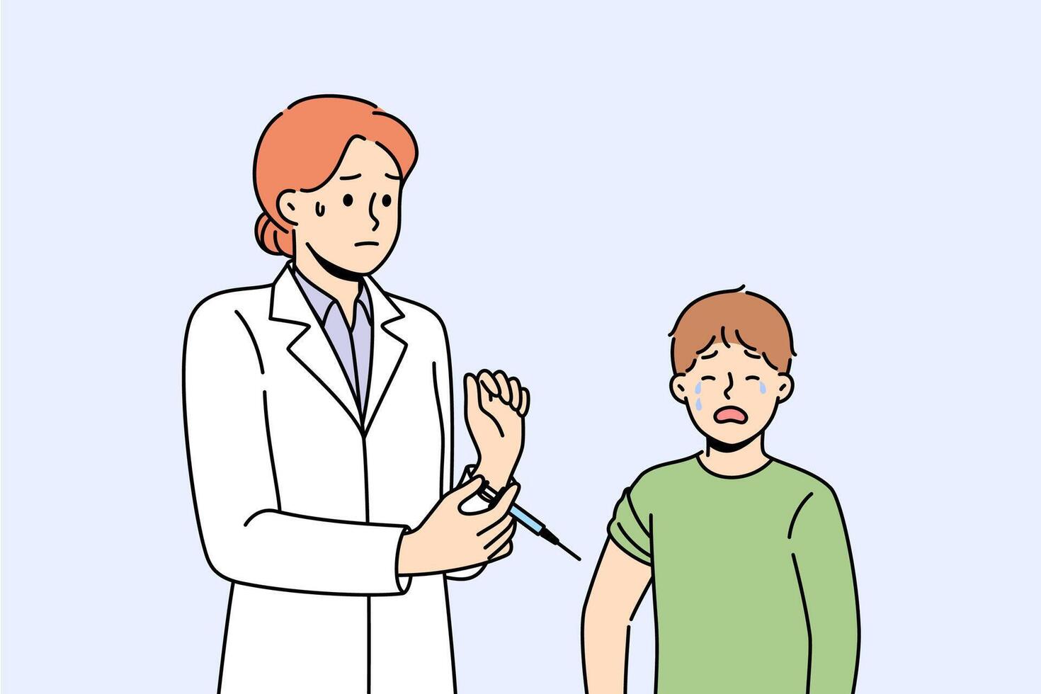 Junge leidet Impfstoff Phobie und ist Weinen Stehen in der Nähe von Frau Arzt halten Spritze mit Injektion vektor