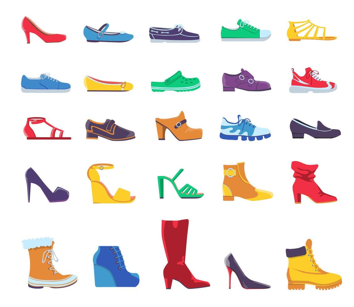skor och stövlar. sommar och höst mode Skodon för man eller kvinna. tillfällig och formell läder sko, gymnastikskor och pumps, platt vektor uppsättning