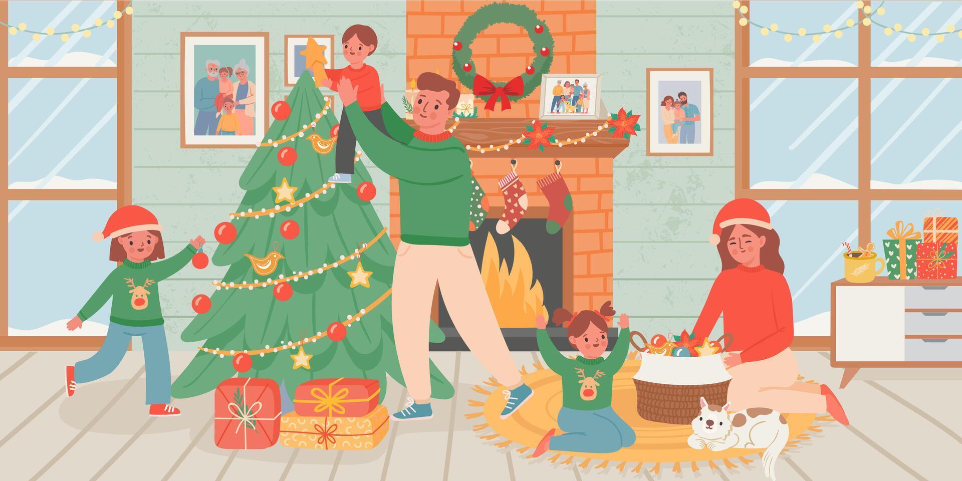 Familie feiern Weihnachten beim heim. Eltern und Kinder schmücken Weihnachten Baum im Leben Zimmer Innere mit Kamin. Neu Jahr Vektor Poster