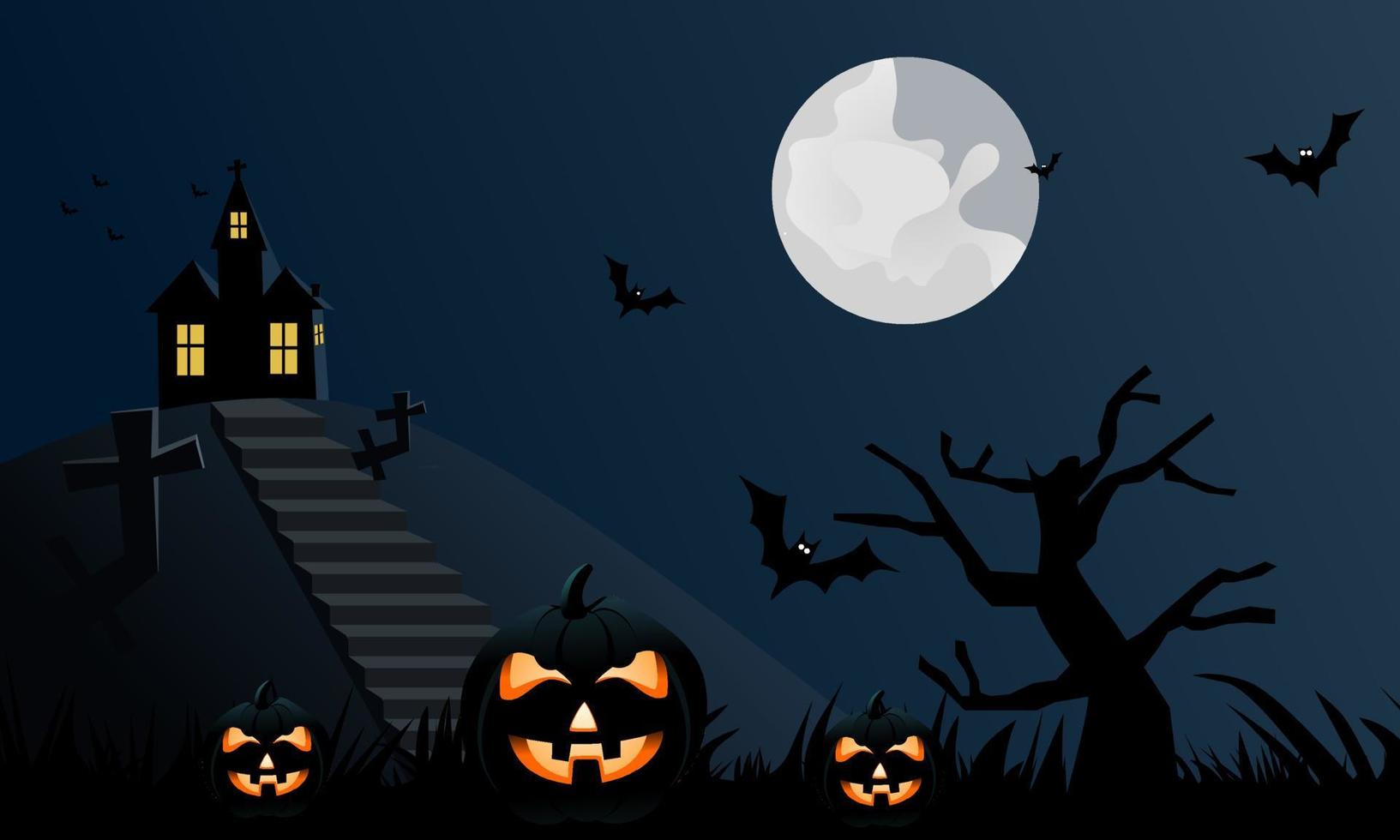 Halloween-Kürbis und dunkles Schloss oder Haus auf der Bergklippe mit einem schwarzen Fledermaus-Mondhintergrund. Konzept-Halloween-Party-Hintergrundillustration. vektor