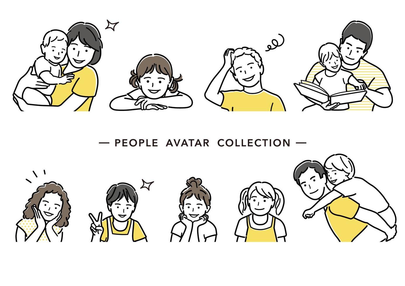 Menschen Avatar Vektor Strichzeichnung Sammlung. Satz von Eltern und Kindern flach einfache Illustration auf einem weißen Hintergrund.