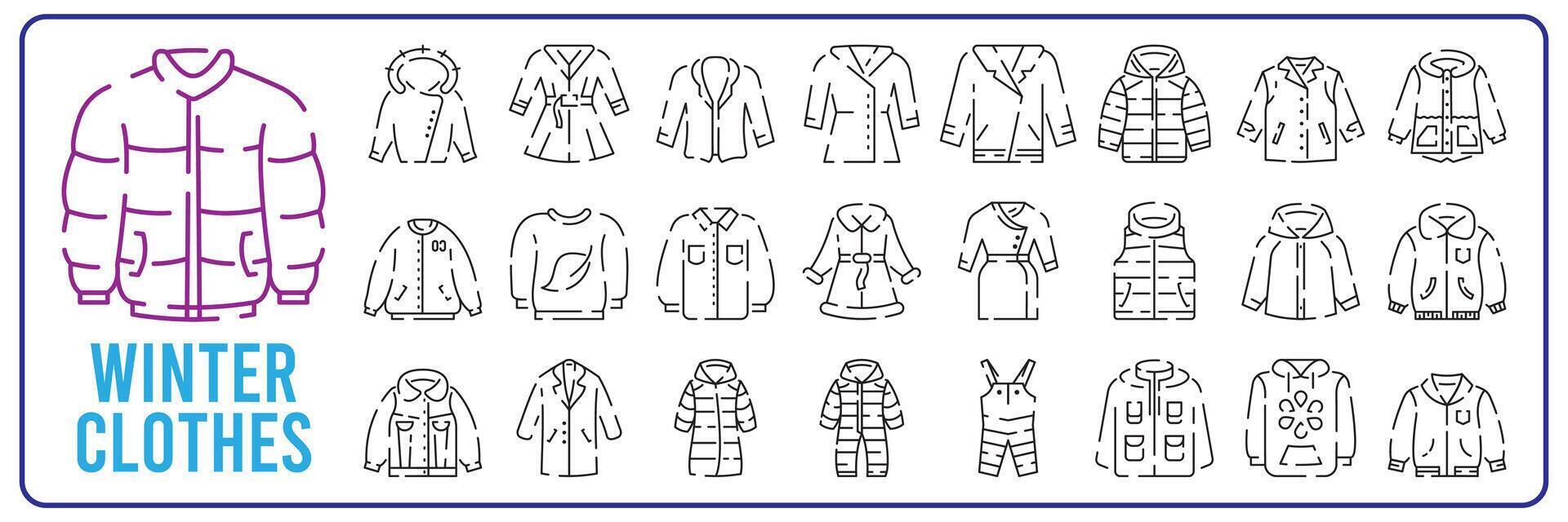värma vinter- eller höst kläder linje ikon uppsättning. annorlunda typer av vinter- kläder Inklusive jacka, vantar, flämta, täcka, Tröja, hörselkåpor, mössa. vektor