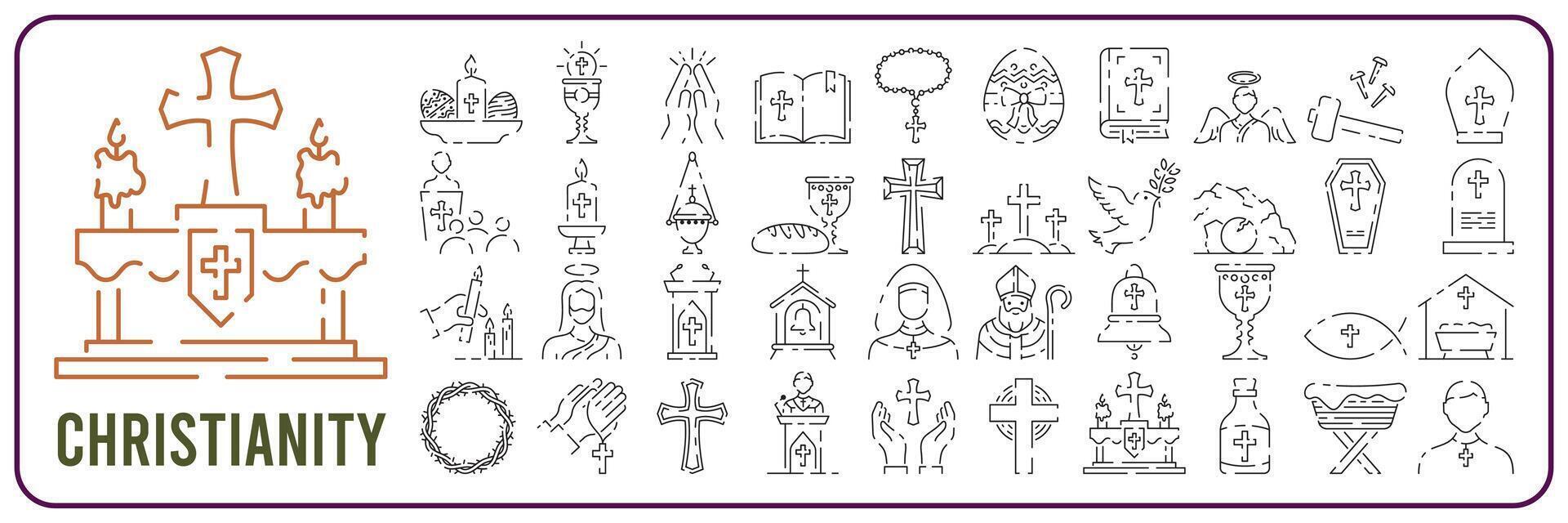 Christentum Linie Symbol Satz. Vektor Religion verbunden Symbole. Bibel, Kirche und Kreuz oder Jesus.