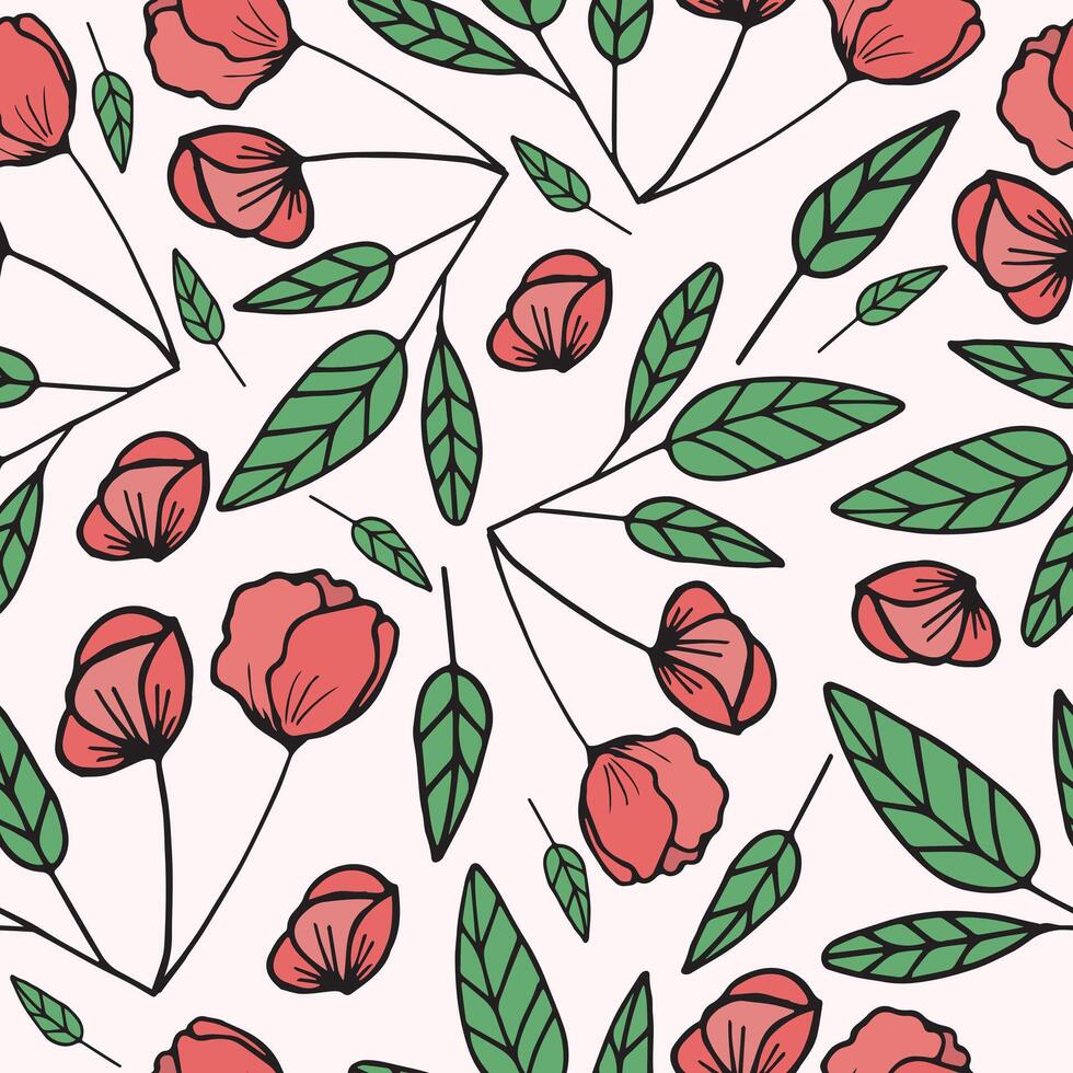 sömlös mönster med tecknad serie scharlakansrött blommor. sömlös blommig söt bakgrund. vektor