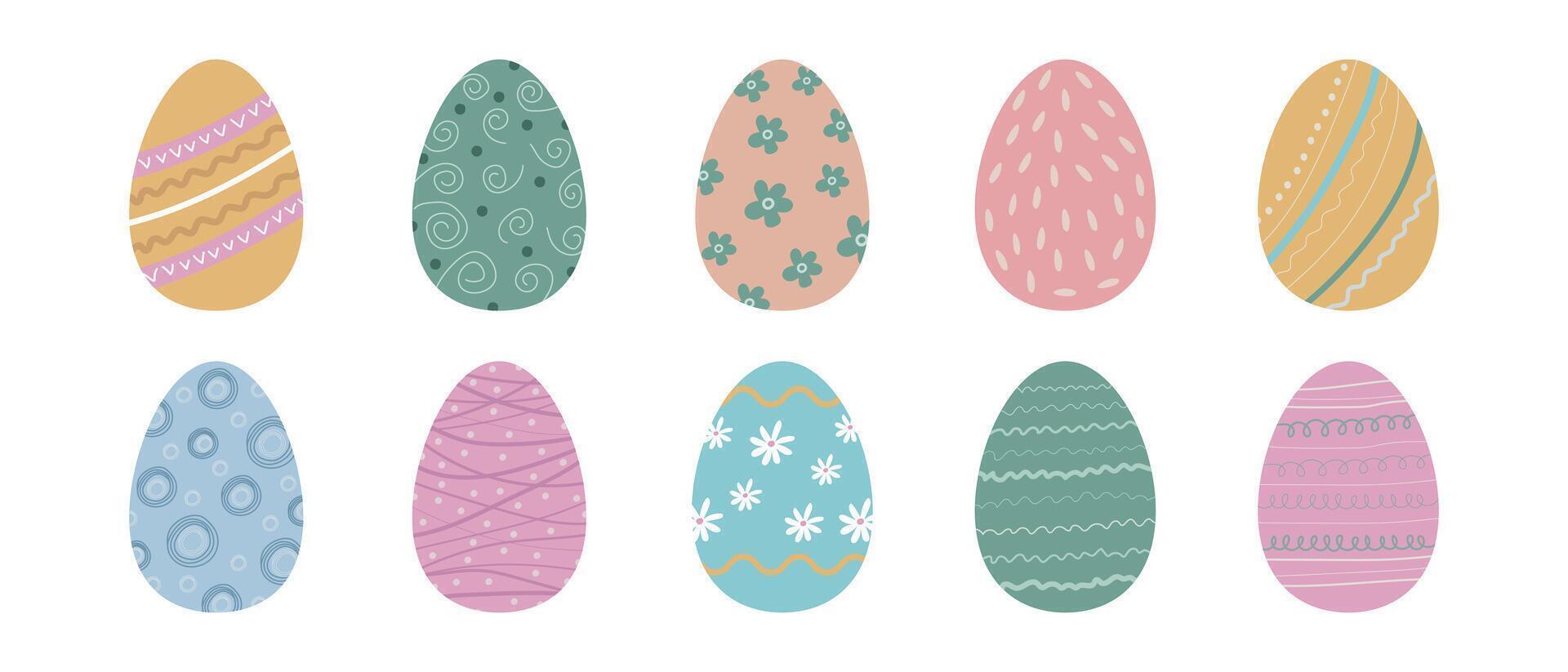 en uppsättning av påsk ägg dragen och målad förbi hand. påsk ägg på en vit bakgrund. vektor