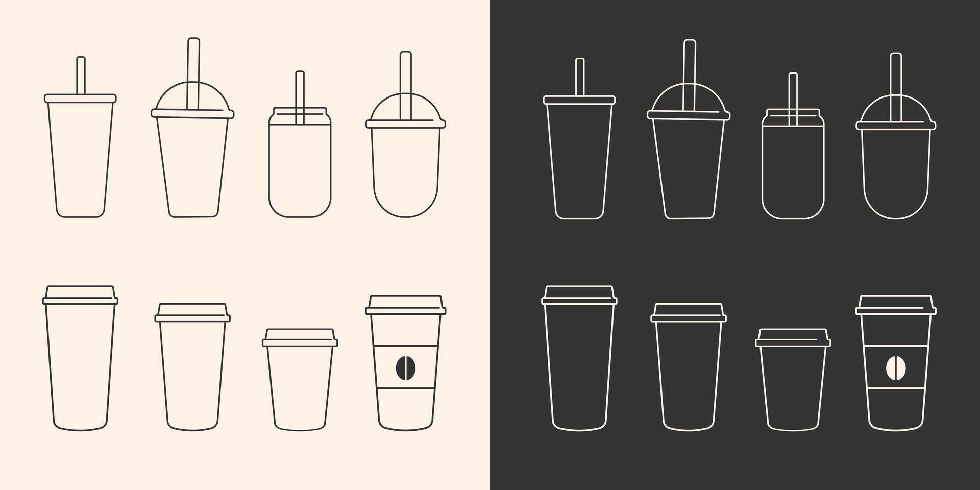 Kaffee Tasse Symbol einstellen isoliert.Kunststoff Tasse Symbole Sammlung.Einweg Becher von anders Formen und Größen.Kunststoff Container zum heiß, kalt Saft trinken, Tee.ideal zum Logo, Menü. Vektor Illustration eps 10