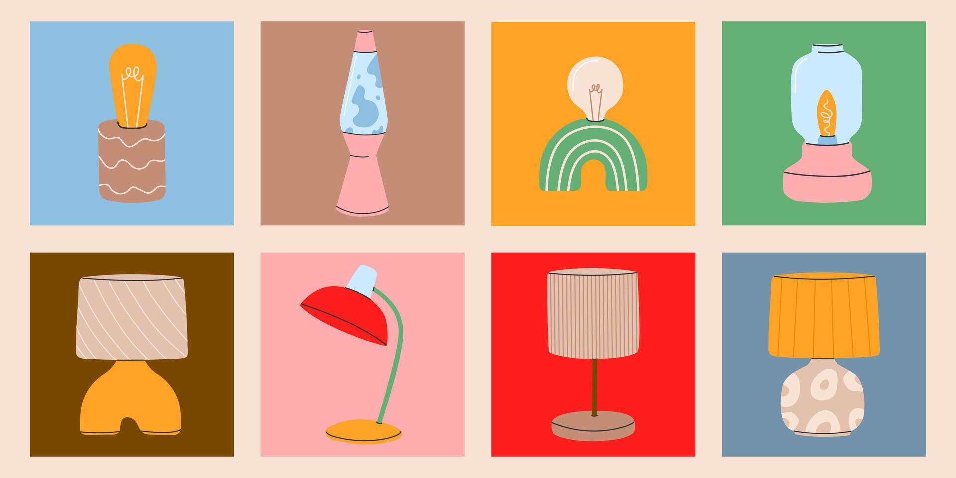 elektrisch Tabelle Lampen, Lampenschirme, Nachttisch Nacht Lichter anders einstellen Beleuchtung von Holz, Glas, Keramik, Papier. bunt Design Elemente zum Zuhause Erleuchtung und Dekor isoliert.Vektor Illustration eps10 vektor