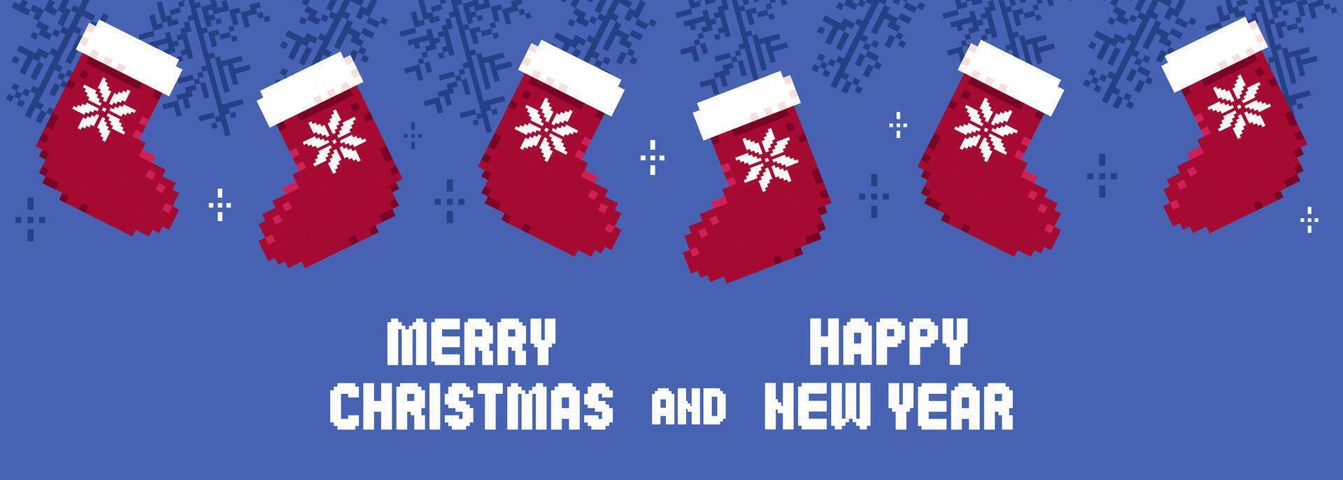 pixel konst jul och Lycklig ny år baner med strumpor.pixlade enkel och trendig vinter- dekorationer. glad jul skriva ut. vektor