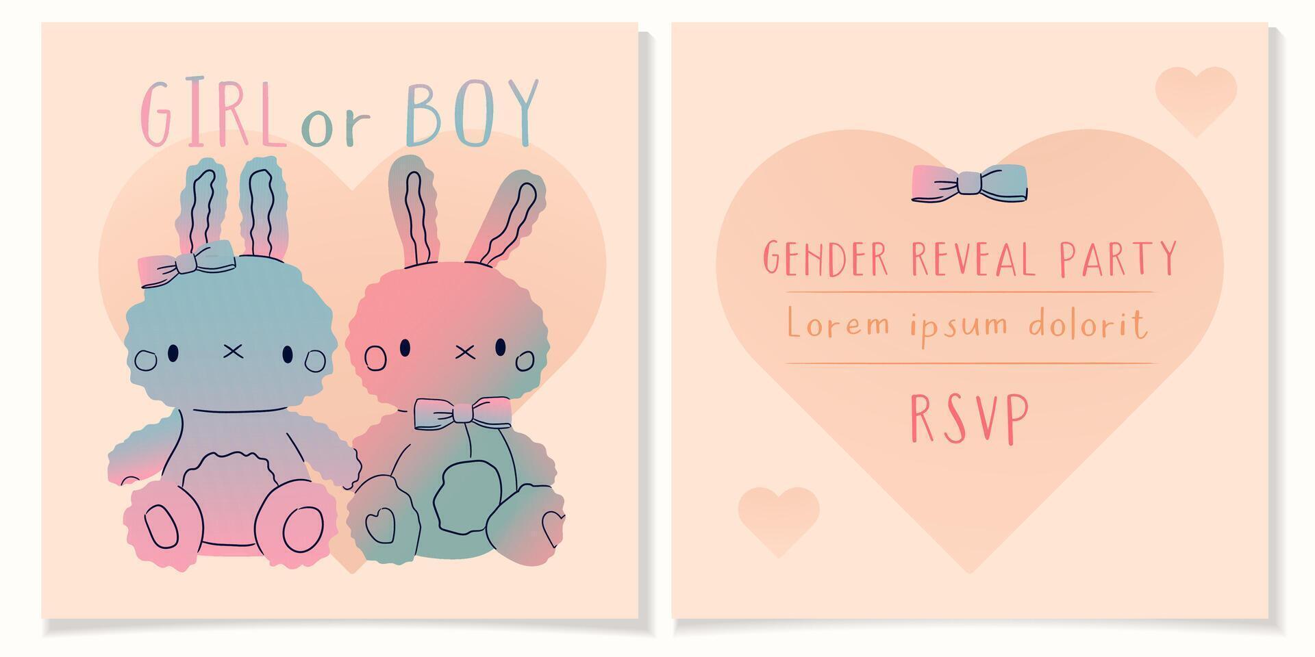 Geschlecht verraten Banner Mädchen oder boy.iivitation Karten zum Baby und Kinder Neu geboren Feier, RSVP. wenig Hase Hase Spielzeuge Gradient Farbe Blau und Rosa. Vektor Illustration eps 10