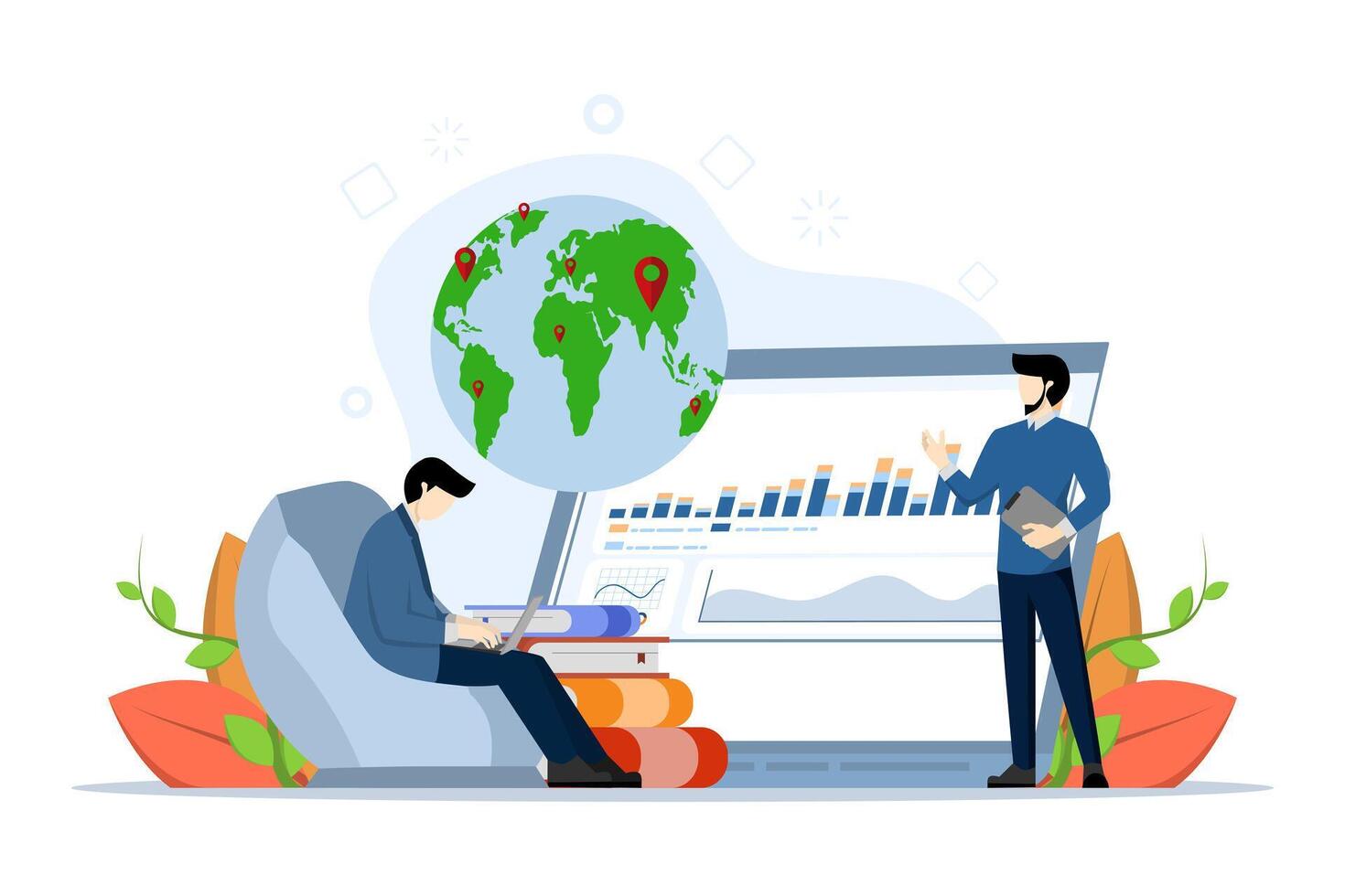 Trend Beobachter Konzept. Trend Analyse und Projekt Förderung. Spezialist im Verfolgung das Entstehung von Neu Geschäft Tendenzen. Vektor Illustration im eben Stil auf Weiß Hintergrund.