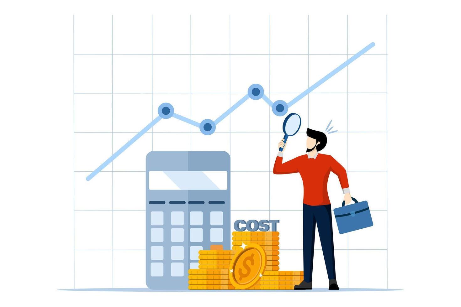 Vorsichtig Geschäftsmann mit Vergrößerung Glas zu analysieren Kosten Graph mit Taschenrechner. Kosten Verwaltung oder Aufwand Analyse, Geschäft Strategie zu analysieren und reduzieren Kosten zum Mehr profitieren Konzept. vektor