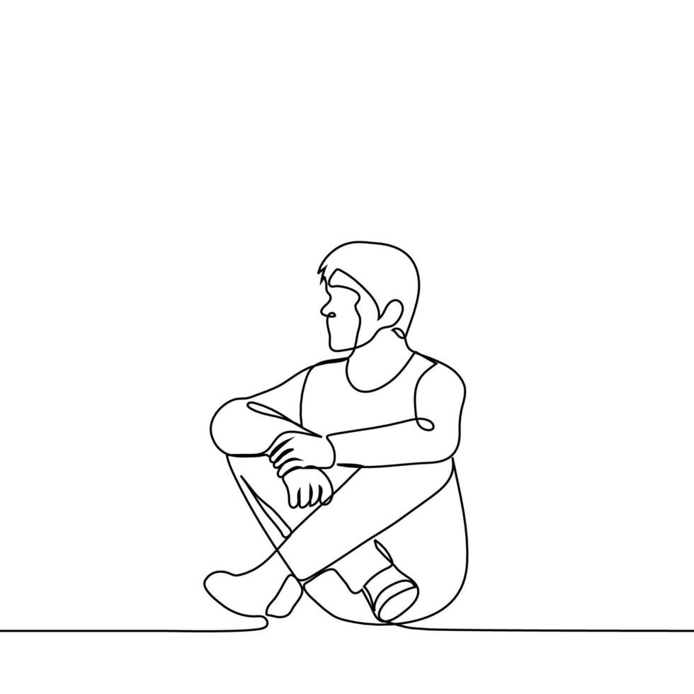 Mann Sitzung Beute auf das Fußboden Beine gebogen und Hände ruhen auf Knie und suchen in das Entfernung - - einer Linie Zeichnung Vektor. Konzept sitzen auf das Boden, auf das Boden vektor