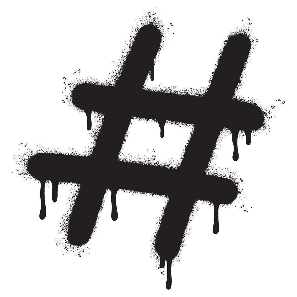 spray målad graffiti hashtag ikon sprutas isolerat med en vit bakgrund. graffiti hash märka med över spray i svart över vit. vektor illustration.