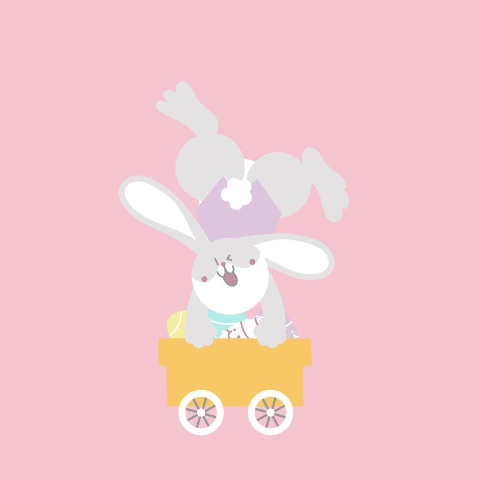 Lycklig påsk festival med djur- sällskapsdjur kanin kanin, vagn och ägg, pastell Färg, platt vektor illustration tecknad serie karaktär