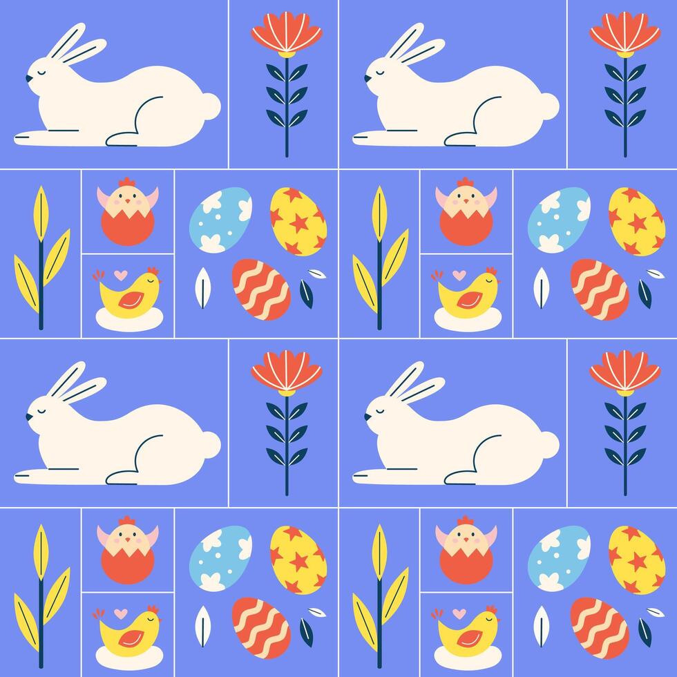 påsk geometrisk mönster med ägg, blommor och kanin vektor