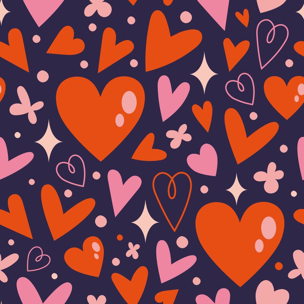 Heilige Valentinstag nahtlos Muster mit verschiedene süß Herzen auf ein dunkel Hintergrund, Karikatur Stil. modisch modern Vektor Illustration, Hand gezeichnet, eben