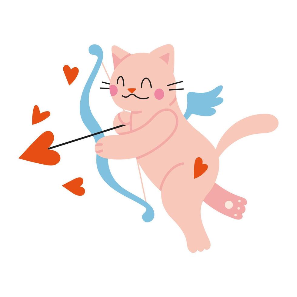 söt cupid katt karaktär med en rosett och vingar, tecknad serie stil. hjärtans dag begrepp. trendig modern vektor illustration isolerat på vit bakgrund, hand ritade, platt